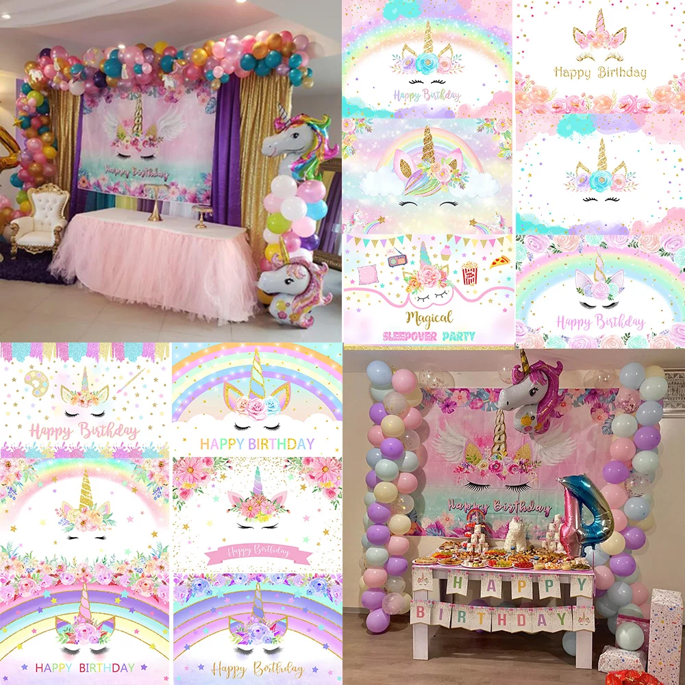 

Mocsicka Unicorn Theme Photography Backdrop Flowers Rainbow Girls Newborn Baby Shower Birthday Party Background Custom Banner