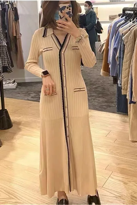 Robe longue rayée à manches longues pour femmes, col en V, coupe slim, avec boutons sur le devant, plissée, mi-longue, élégante, en coton, pour le bureau