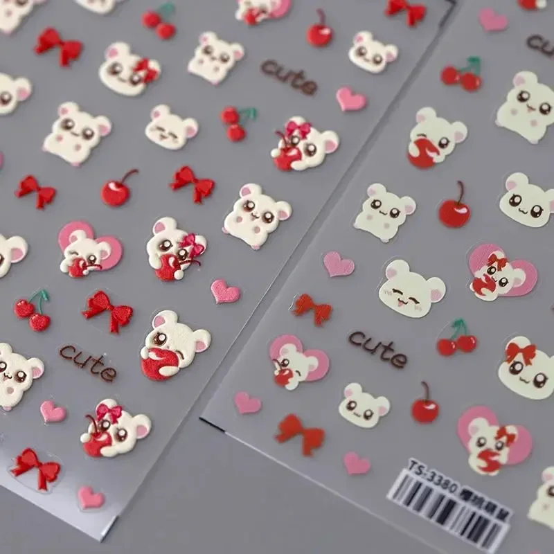 

Cute Cherry Bow Hamster 3D Relief Nail Stickers Nail Phone Notebook Decorative Stickers