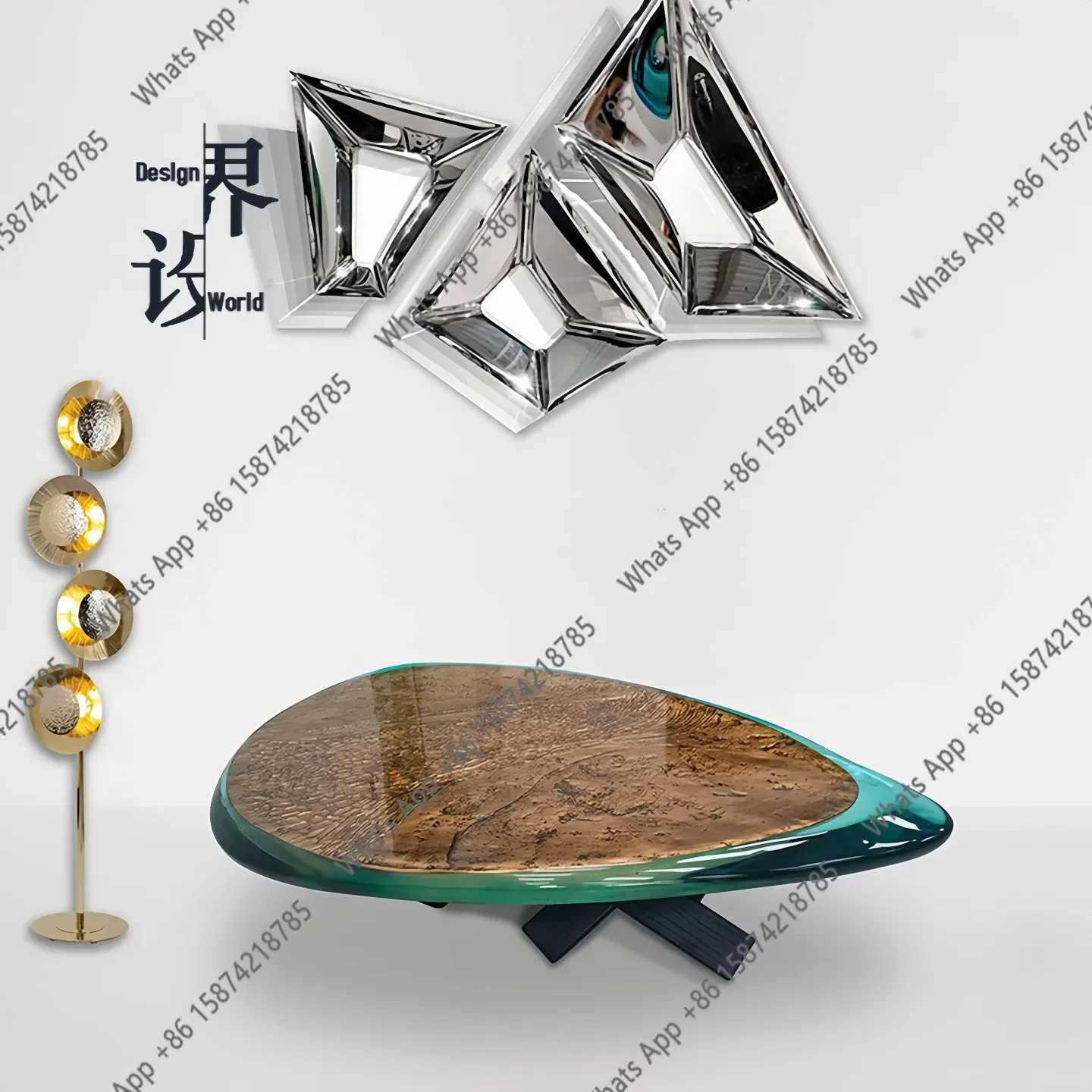 X69 Italian Light Luxury Furniture Transparent Resin Special-shaped Coffee Table Retro Metal Laser Engraving Coffee Table