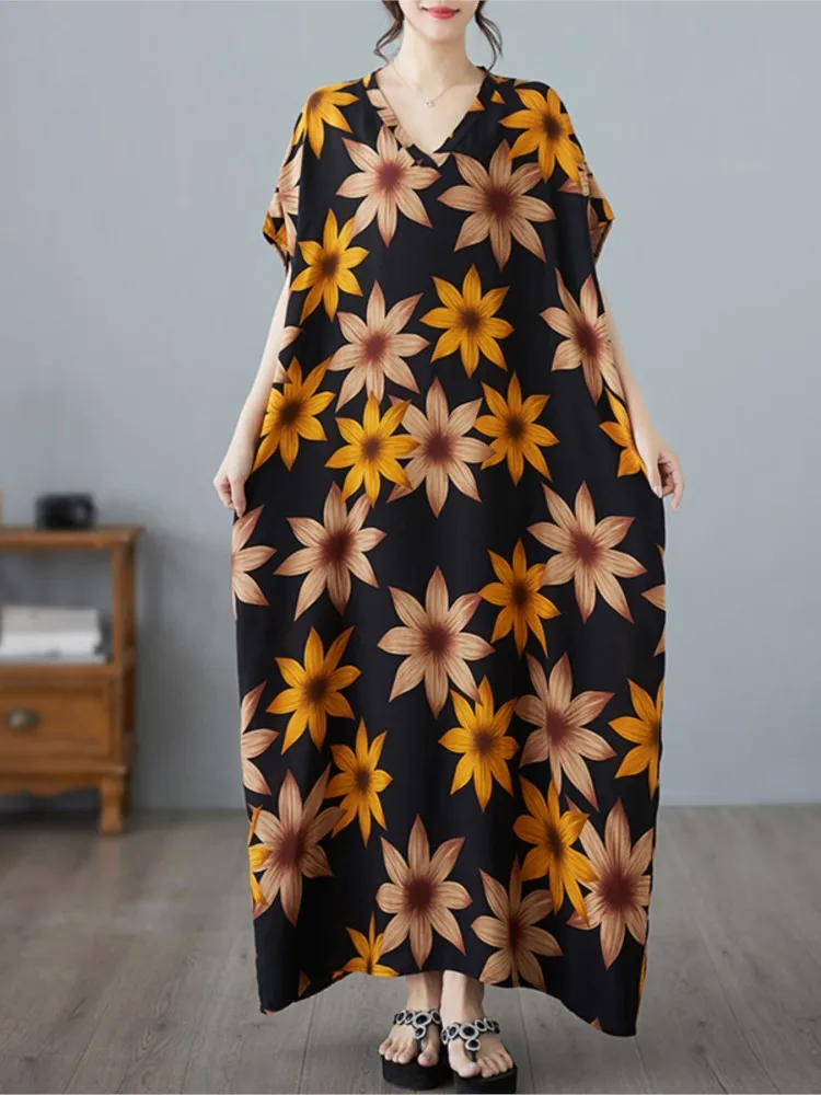 Oversized Summer V-Neck Long Robe Dress Women Flower Floral Print Modis Loose Ladies Dresses Casual Pleated Woman Pullover Dress