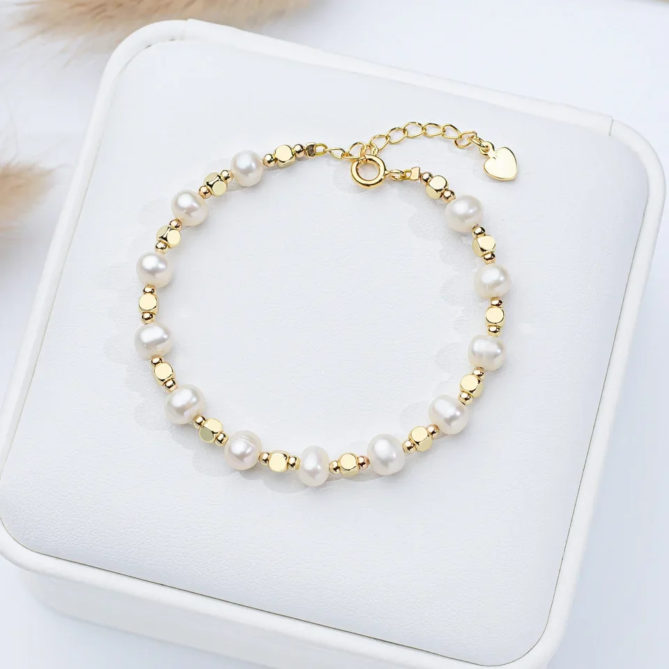 5-6mm Baroque Freshwater Pearl Bracelet for Women Girls Heart Rectangle clasp 16cm+3cm 18k Gold Adjustable Bracelet Jewelry Gift
