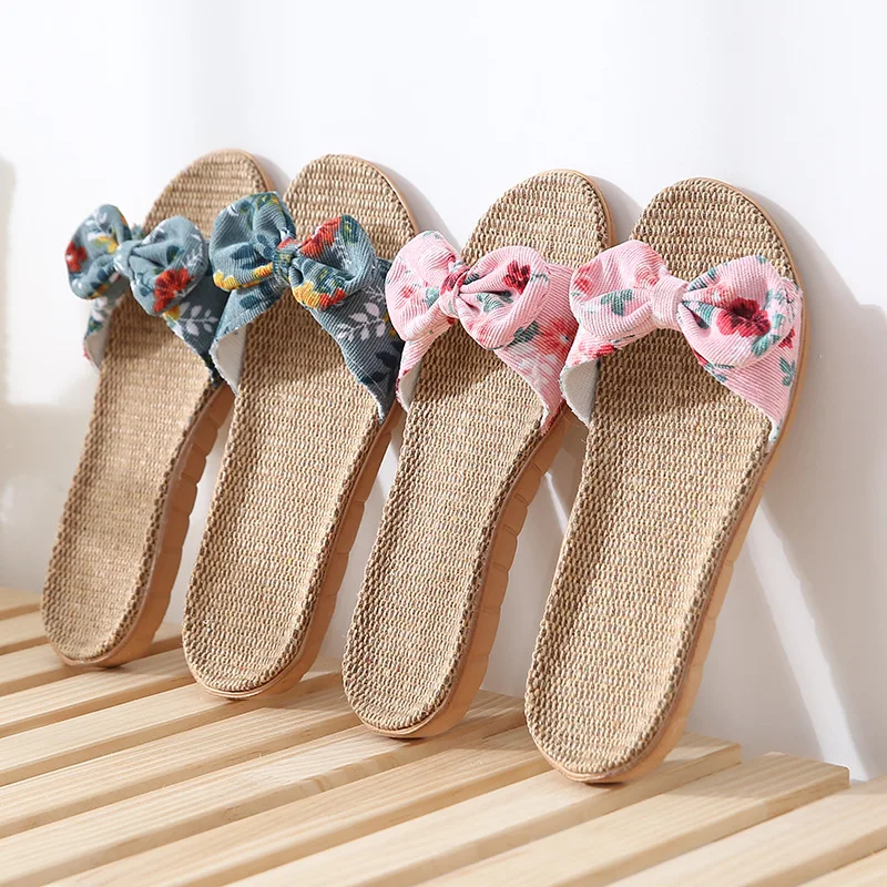 Summer Women Slippers Home Female Bowknot Flax Slippers Linen Flip Flops Bohemia Beach Sandals Slipper Chaussure Femme