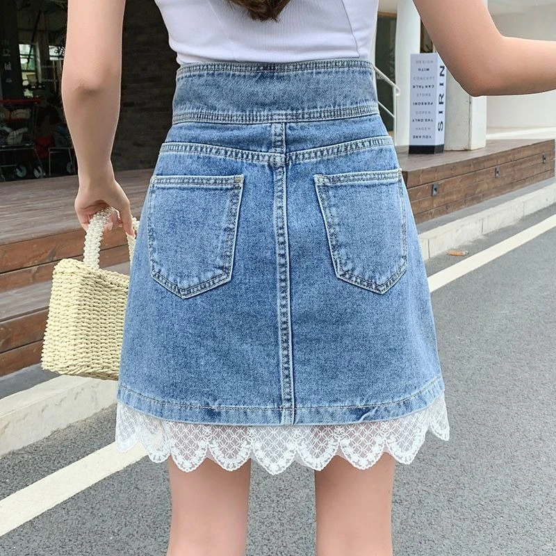 Kawaii High Waist Washed Denim Mini Skirt Women Summer Pockets Button Decor Lace Trim Irregular Hem A Line Daily Wear Streetwear