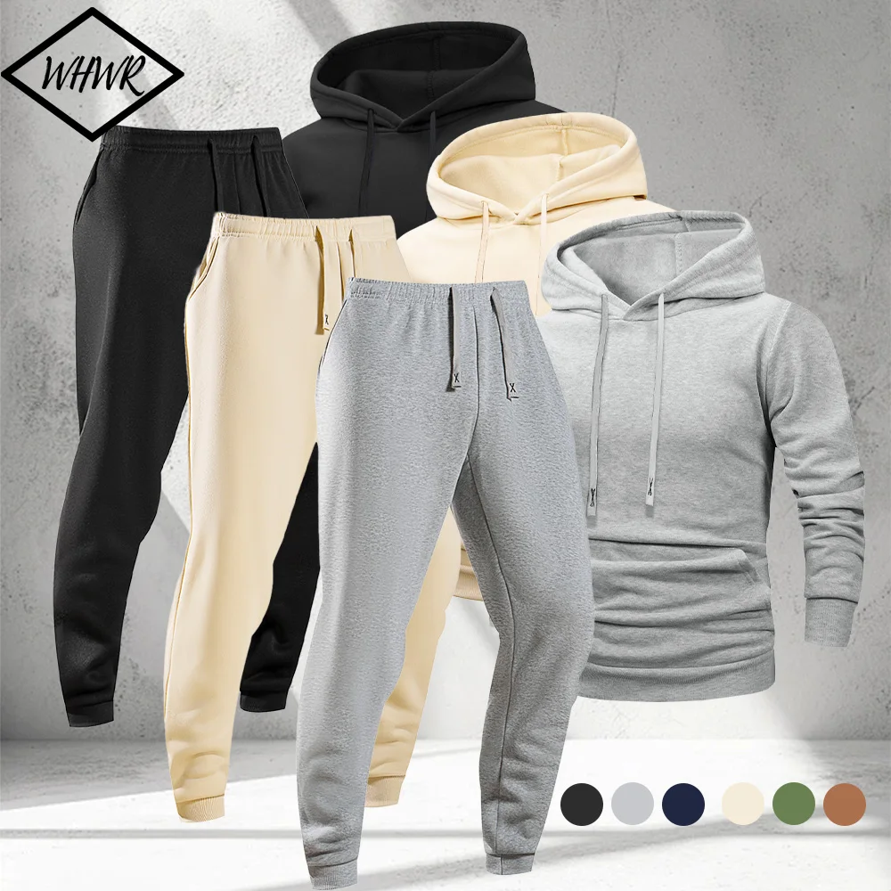 Unisex Hooded Pullover Men's Tracksuit Fleece Hooded Sweatshirt and Sweatpants 2 Pieces Suits Autumn Men Warm Casual Sports Set