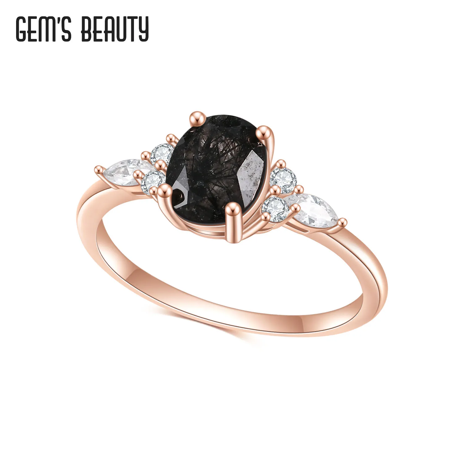 Gem\'s Beauty Silver 925 Pure Rose Gold 14 K Silver Ring Kof For Women Black Rutilated Quartz Luxury Rings  Fine Jewelry