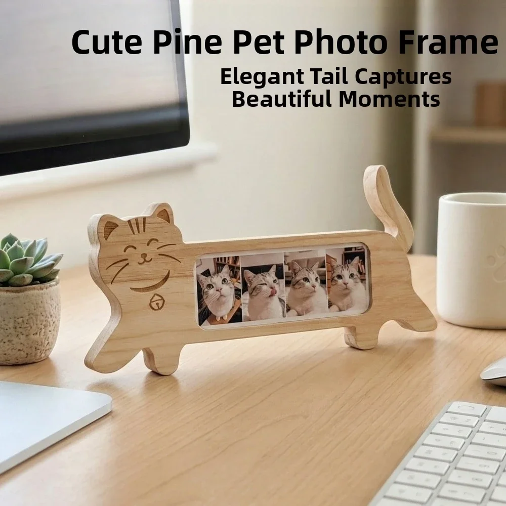 New cat-shaped photo frame, pet photo strip 3/4 grid display, rotatable tail frame, decorative commemorative gift