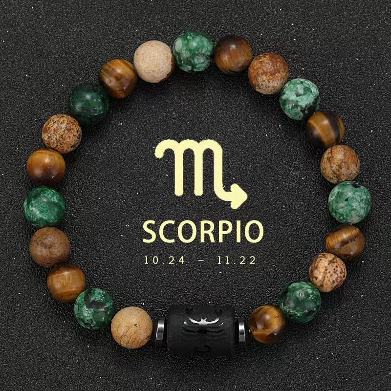 

12 Zodiac Natural Stone Stretch Bracelet for Unisex Marble-Tone Unique Gemstone Daily Wear Jewelry Friendship Gift Virgo Pisces