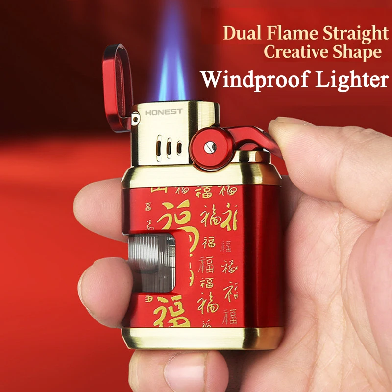 HONEST Dual Flame Straight Windproof Lighter Clear Oil Reservoir Cigar Punch Zinc Alloy Lighters For Camping BBQ Cigars Gifts