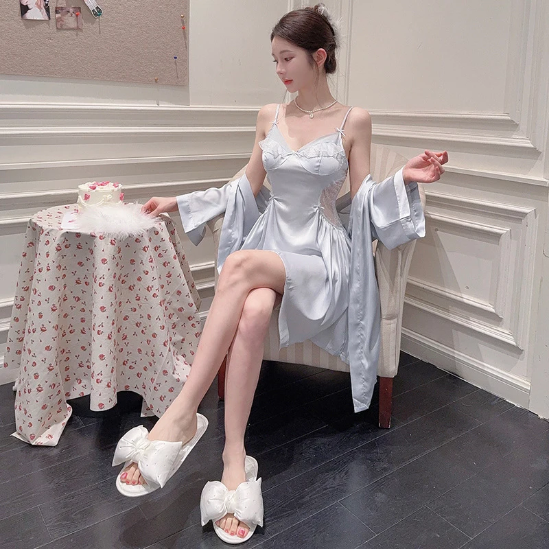 

Nightwear Women V Pajama Set With Tie And Chest Pad, Two-Piece, Camisole, Backless Nightdress, Robe, Loungewear