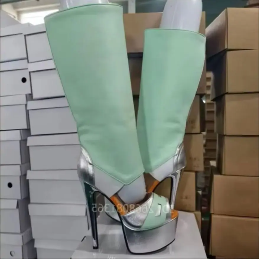 Women Mint Green Silver Peep Toe Knee High Boots 2026 New Fashion Platform Stiletto Heel Open Toe Party Clubwear Stage Shoes image 4