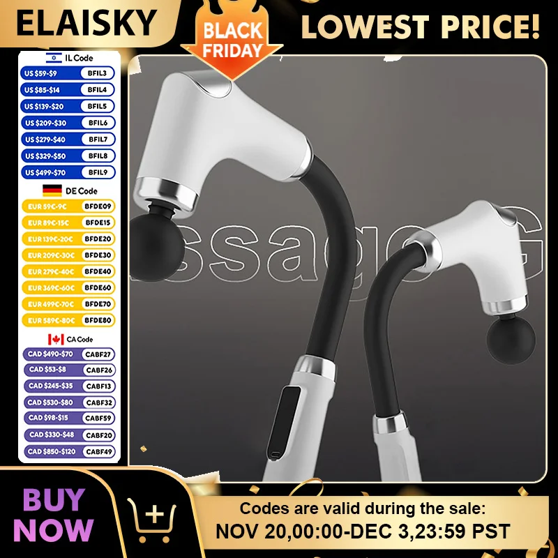 

Bending Head Fascia Gun Long Gandle Full Body Massager Meridian Massage Probe Shoulder Massager Electric Muscle Massage Gun