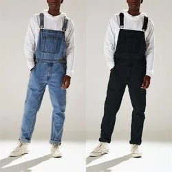 Streetwear Men's Solid Color Multi-pocket Denim Jeans Bib Overalls Daily Denim Jumpsuit One-piece Male Suspender Long Pants