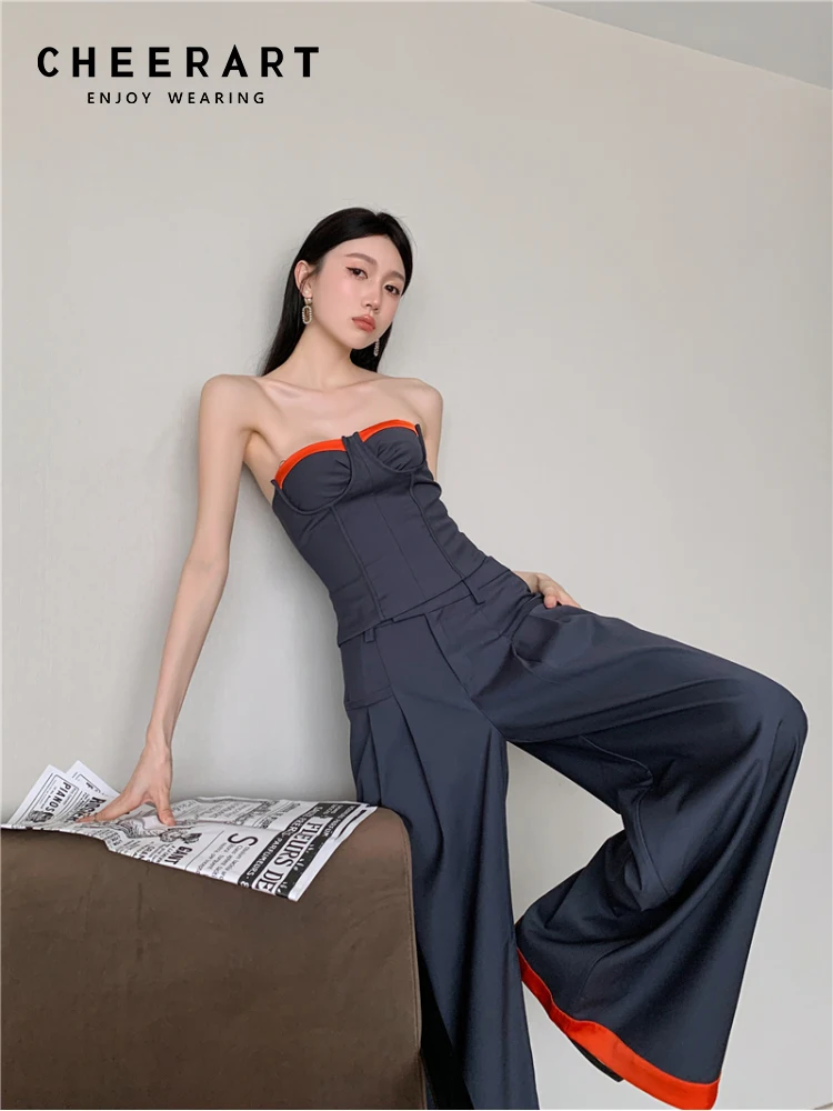 CHEERART Summer 2 Piece Sets Women Outfit 2023 Grey Tube Top And Wide Leg Pants Runway High Fashion Designer Clothes