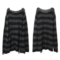 New Punk Gothic Long Unisex Sweater Summer Women Striped Cool Hollow Out Hole Broken Jumper Loose Rock Thin Dark Streetwear Top - Image 5