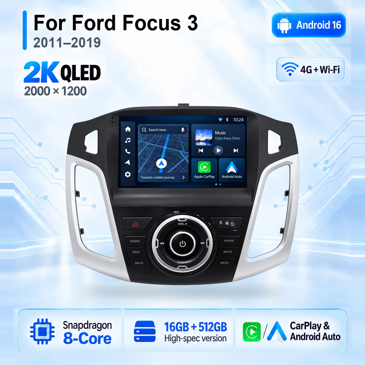 Android 16 Carplay Auto Autoradio Multimedia-Player für Ford Focus 3 2011-2019 Autoradio Wifi+4G DSP GPS Stereo 2din Head Unit