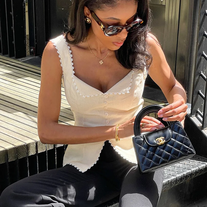 Linad Vintage Khaki Lace Spaghetti Strap Vest 2026 Elegant Square Collar Single Breasted Camis Street Chic Sleeveless Top Female image 2