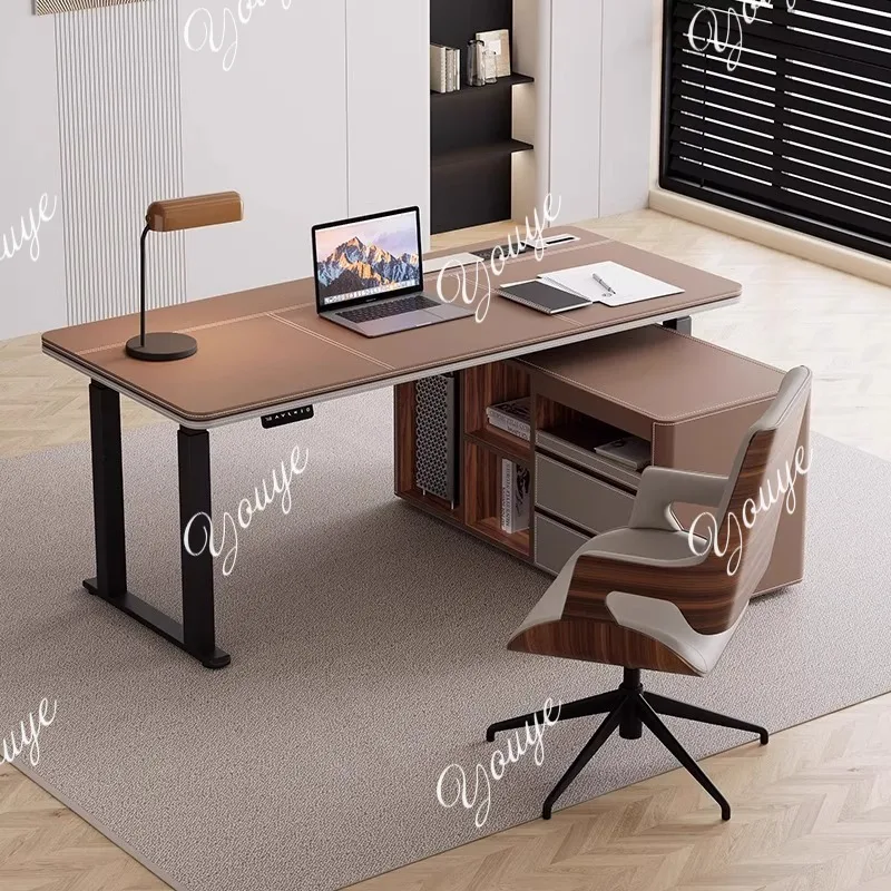 Minimalist high-end saddle leather desk intelligent electric lifting table light luxury modern corner office workbench