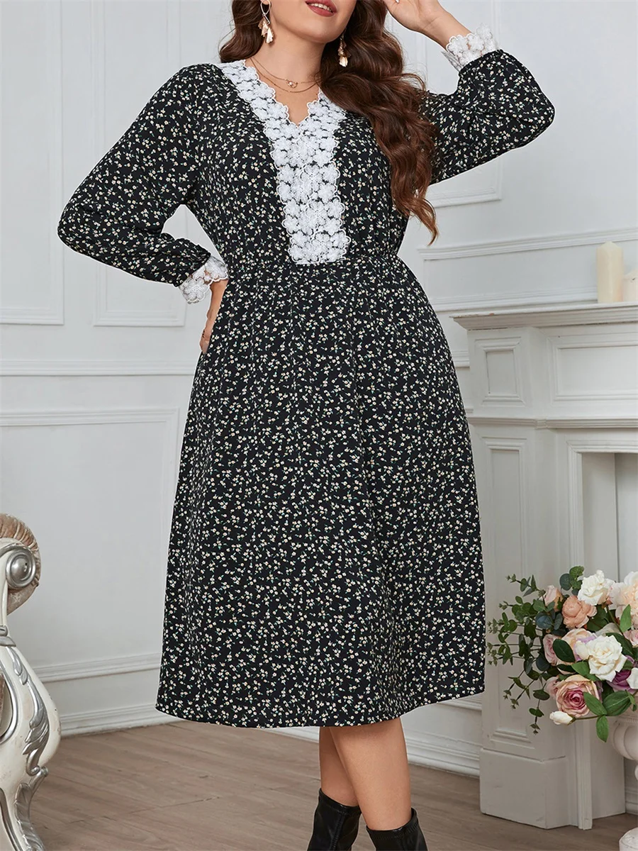 Elegant Plus Size Floral Print Dress with Lace Trim and V Neckline Long Sleeve Midi Dress for Women Perfect for Fall Fashion