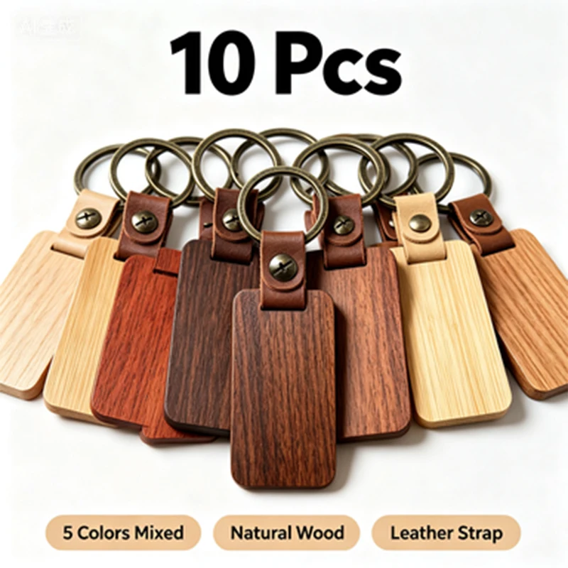 10Pcs Natural Wooden Key Tags With Leather Strap Blank Keychain Labels