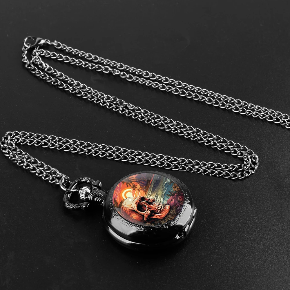 Sunset Skull Design Glass Dome Quartz Pocket Watch with Arabic Numeral Dial on Chain Ideal Present for Special Occasions