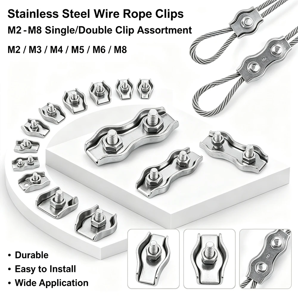 10Pcs 304 Stainlesss Steel Wire Rope Clips M2-M6, Single/Double U Cable Clamps Grip Chuck Lock Hardware Fasteners