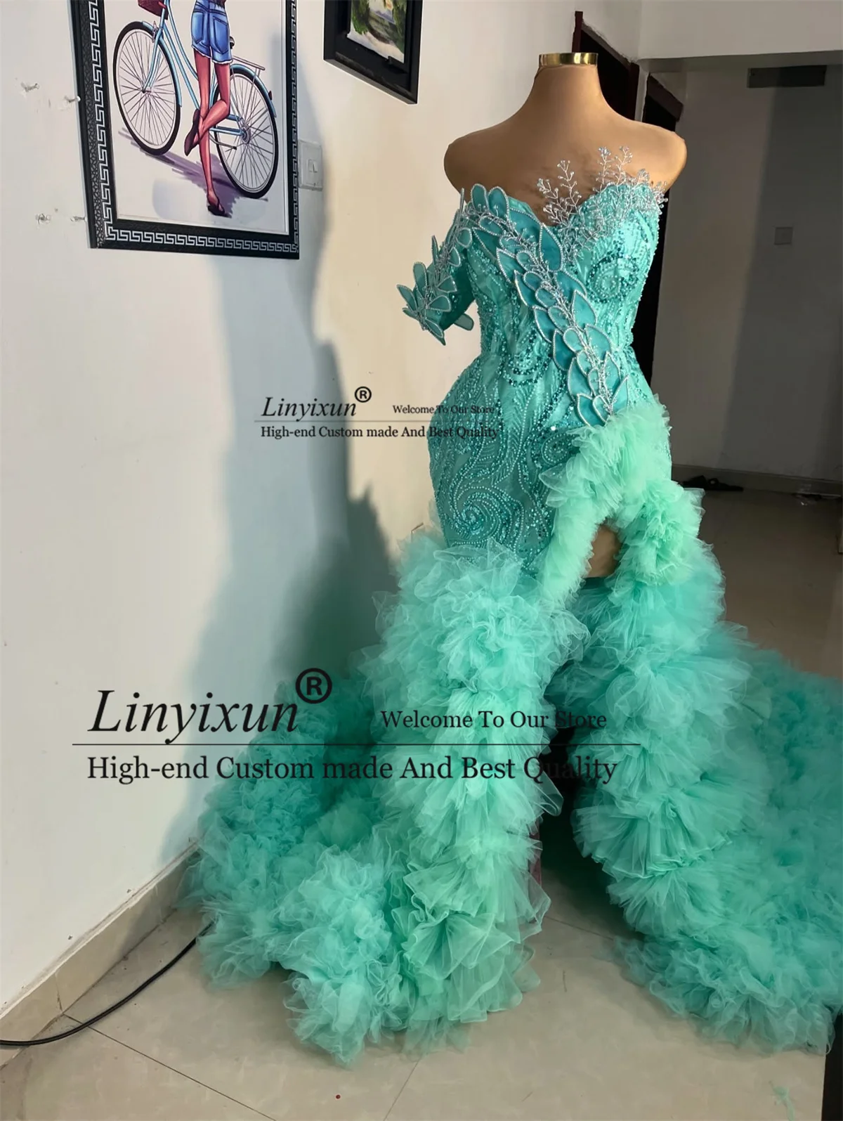Glitter Sequins Lace Prom Dress Rhinestones Beaded 3D Floars Mermaid Evening Gown Customized Sexy Slit Wedding Party Gala Dress