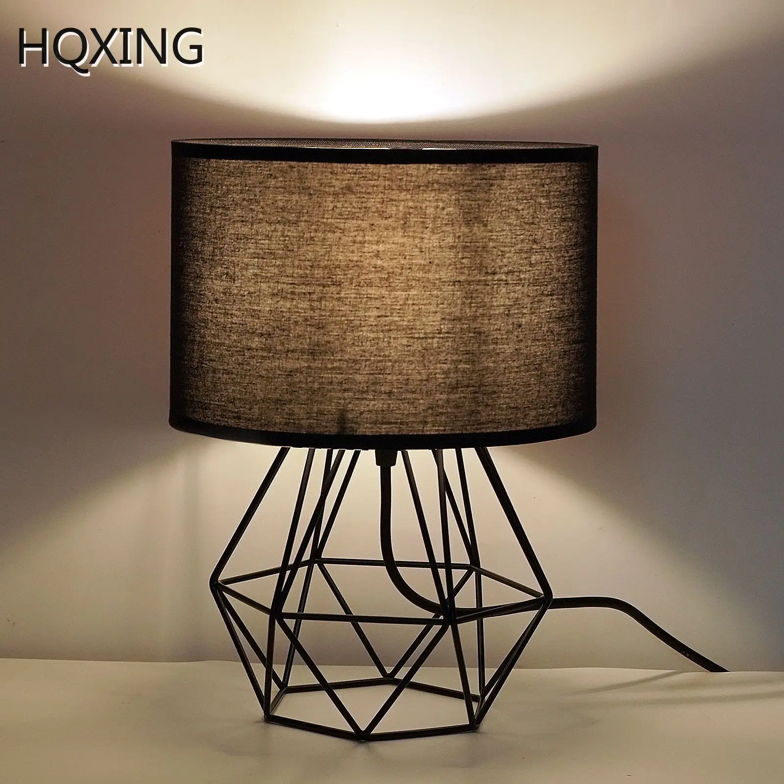 HQXING Iron Table Lamp With Fabric Lampshade Bedside Desk Lights Modern Book Lamps E27 110V 220V Reading Lighting Fixture