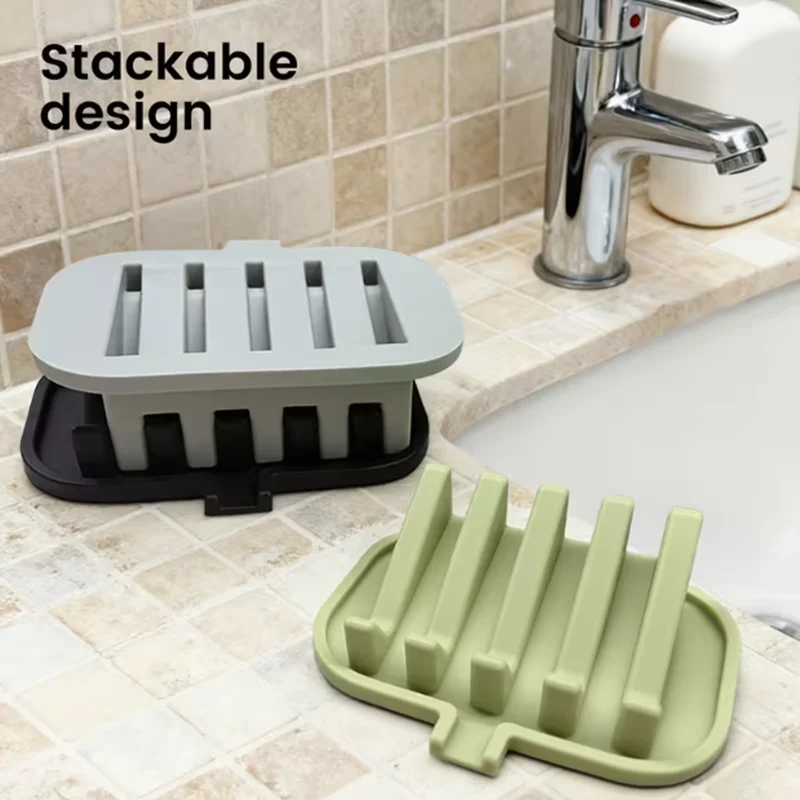 2pcs Anti-slip groove soap holder with sloping design for accelerated water drainage and stackable for storage