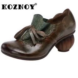 Koznoy Handmade kobiety buty 6cm wiosna lato 2023 obcas prawdziwa skóra Retro etniczne jesień panie niskie obcasy wsuwane mokasyny