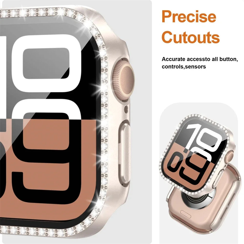 Glass+Diamond Cover For Apple watch case 46mm 44mm 42-41mm 45mm 40mm Bling Bumper Protector iWatch series 10 9 8 7 6 5 4 se case