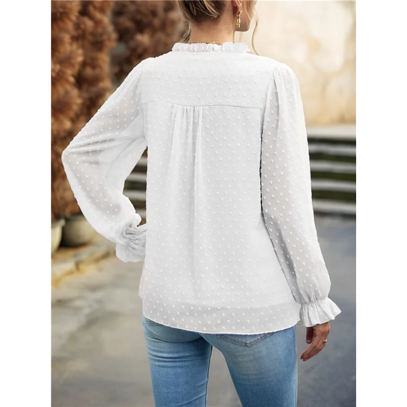 

NEW-Women's Casual Blouse Swiss- Dot Summer Shirts Elegent V Neck Long Sleeve Loose Dressy Office Tops