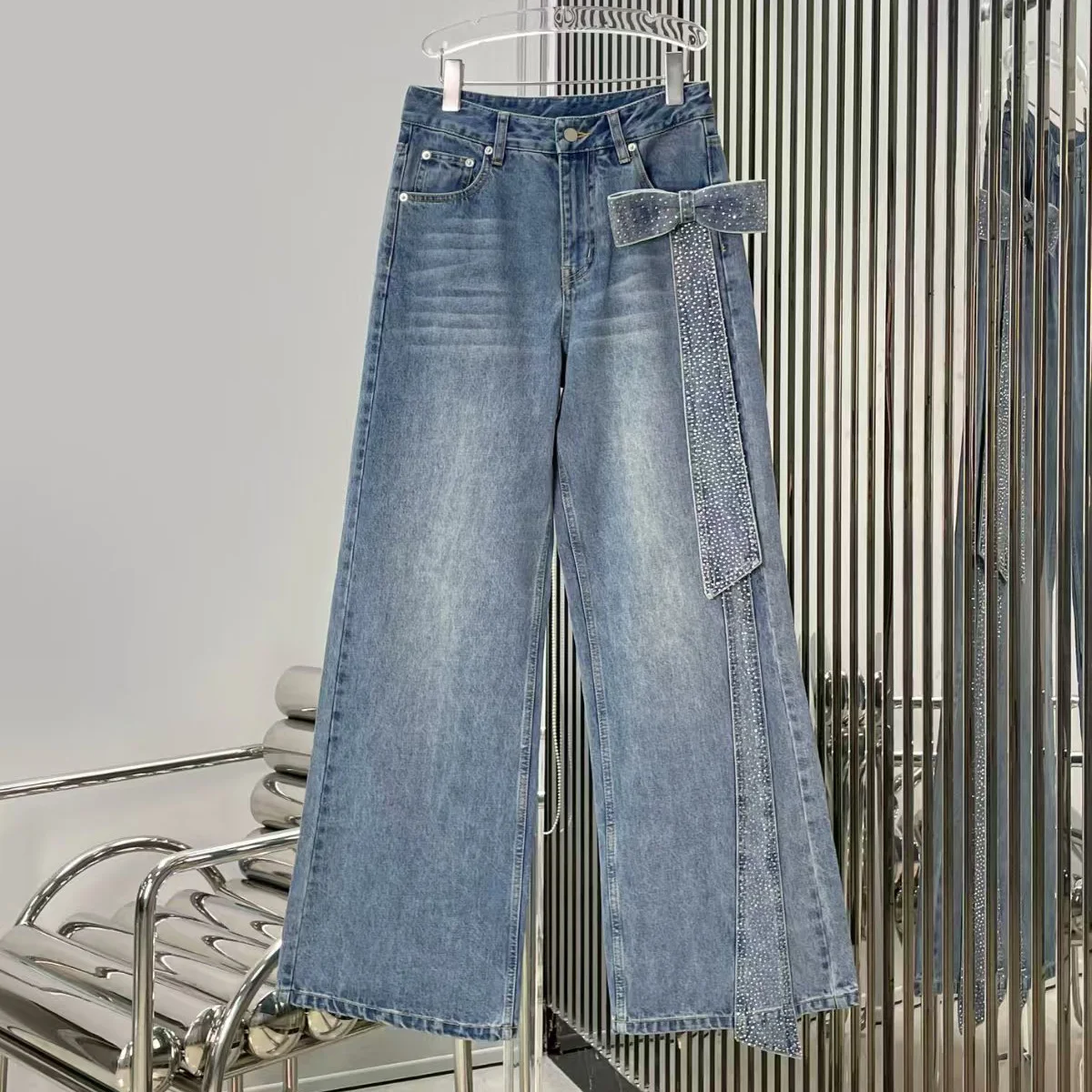 High Quality Women High Waist Wide Leg Jeans Rhinestone Ribbon Bow Decor Washed Loose Long Denim Pants lyt127087