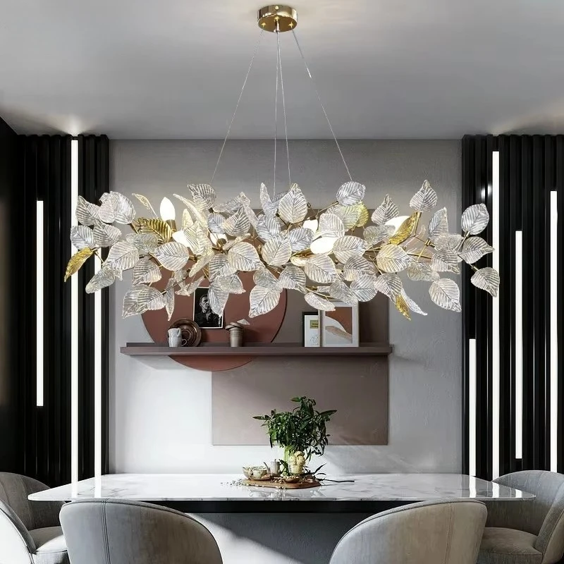 

Gold Long Crystal Chandelier For Dining Living Room Kitchen Glass Ginkgo Leaf Crystal Led Chandelier Dining Table Pendant Lamp