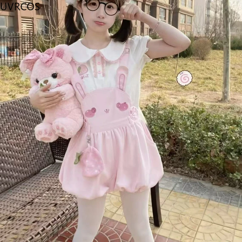 Japanese Kawaii Cute Lolita Style Shorts Set Women Sweet Strawberry Shirt Casual Overalls Bloomers Shorts Gothic Y2k Pink Outfit