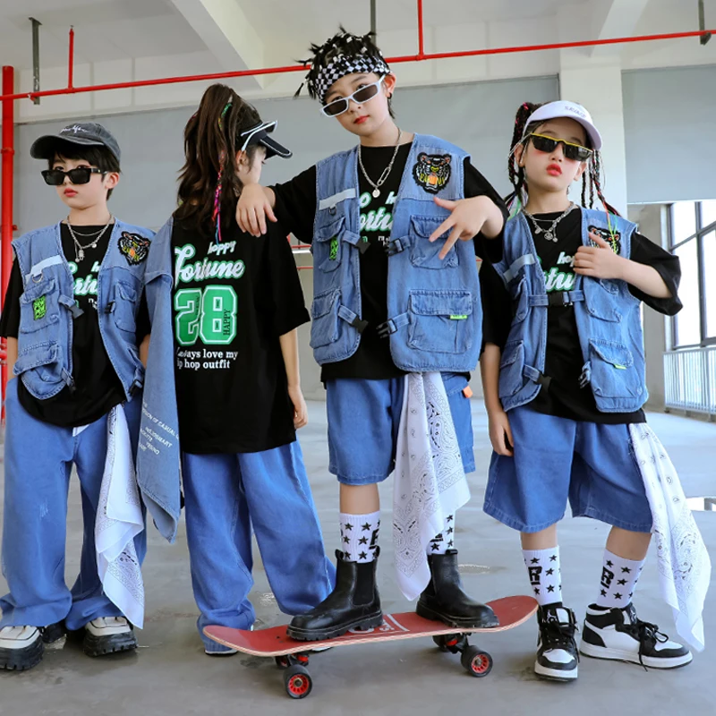 

Children'S Hip-Hop Performance Clothes Loose Denim Outfits Boys Drum Jazz Dance Costumes Girls Stree Dance Stage Wear DQS13695