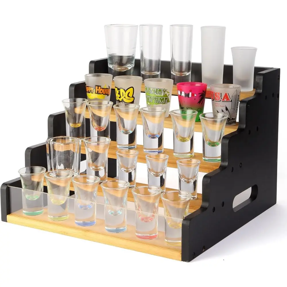 

5-Tier Shot Glass Display Rack, Holds 35 Glasses, Tiered Spice & Toy Figure Storage, Ideal for Kitchen, Home Bar & Man Cave