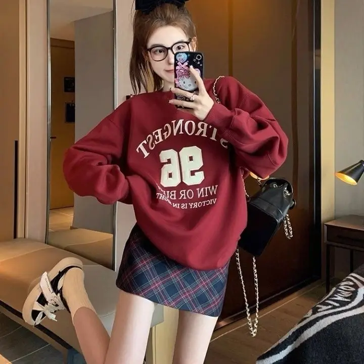 Autumn and Winter Appliqué Embroidered American Round Neck Pullover Sweatshirt for Women Loose Shoulderless Hoodless Lazy Style