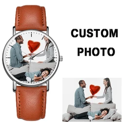 Silver Rim Brown Genuine Leather Strap Watch for Customization Custom Photo Printing OEM Watches Birthday Gift