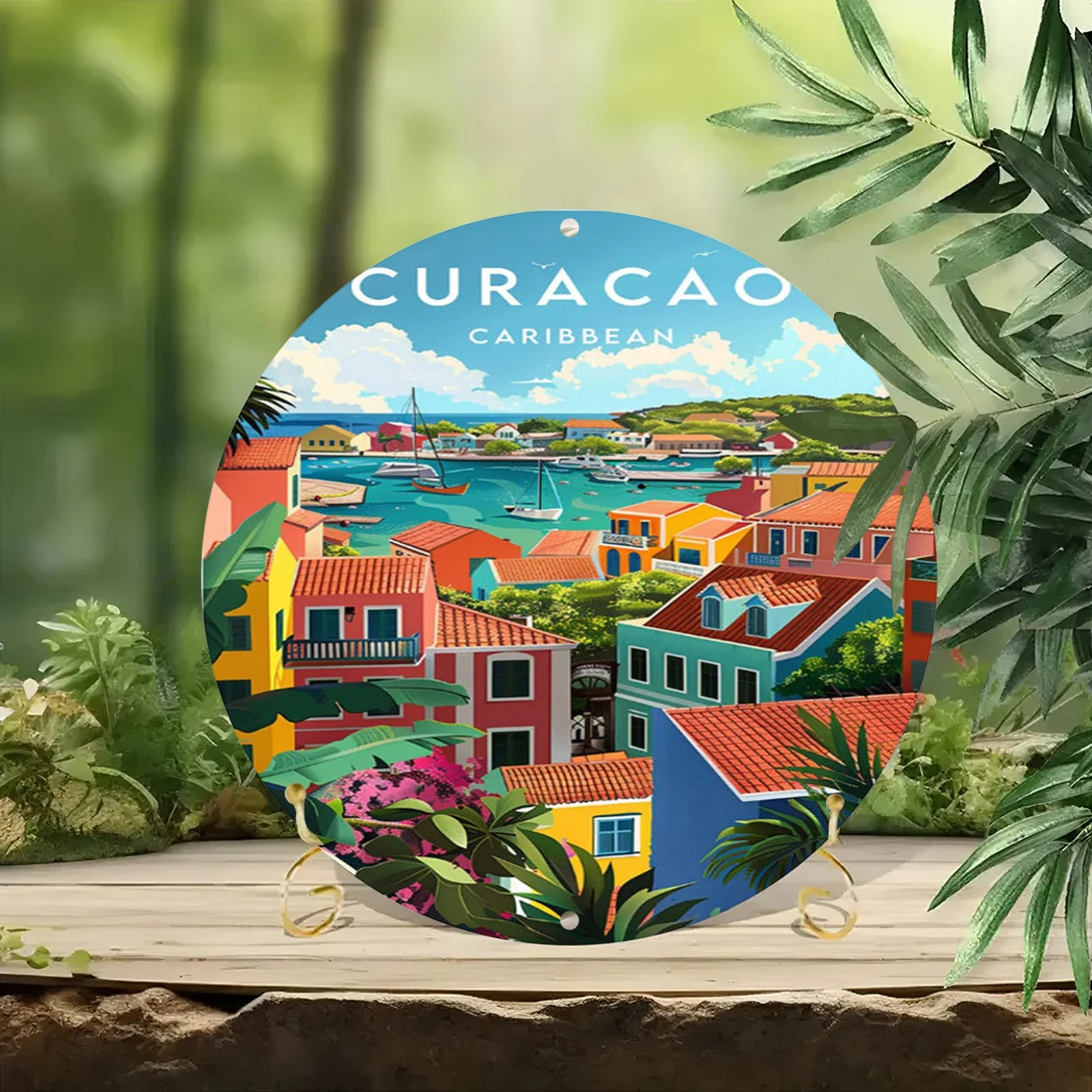 2D Flat, Funny Round Sign Curacao CaribbeanPrinted RoundMetal Sign, 8x8 Inch(20x20cm), Vintage Carved Painted Circular Wreath, &