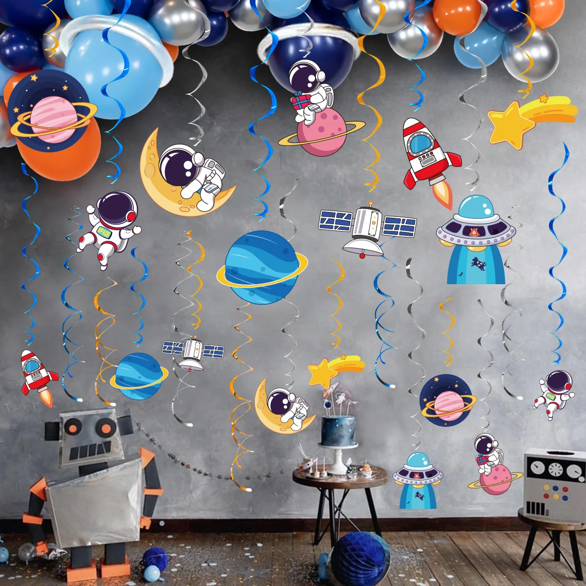 

Astronaut Space Spiral Hanging Ornaments for Kids Birthday Party Decoration Ceiling Decor Faux Pearls Balloon Weights