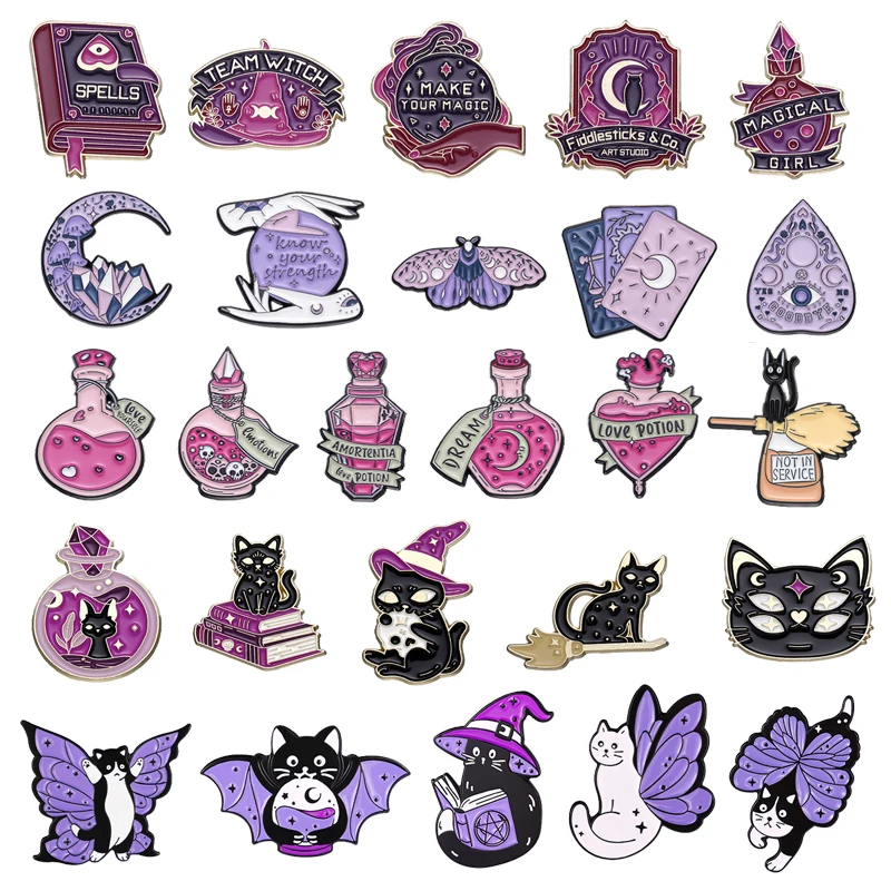 Fashion Punk Magic Book Witch Enamel Pins Purple Crystal Ball Moon Hat Potion Brooch Badge Cartoon Gothic Jewelry Accessory Gift