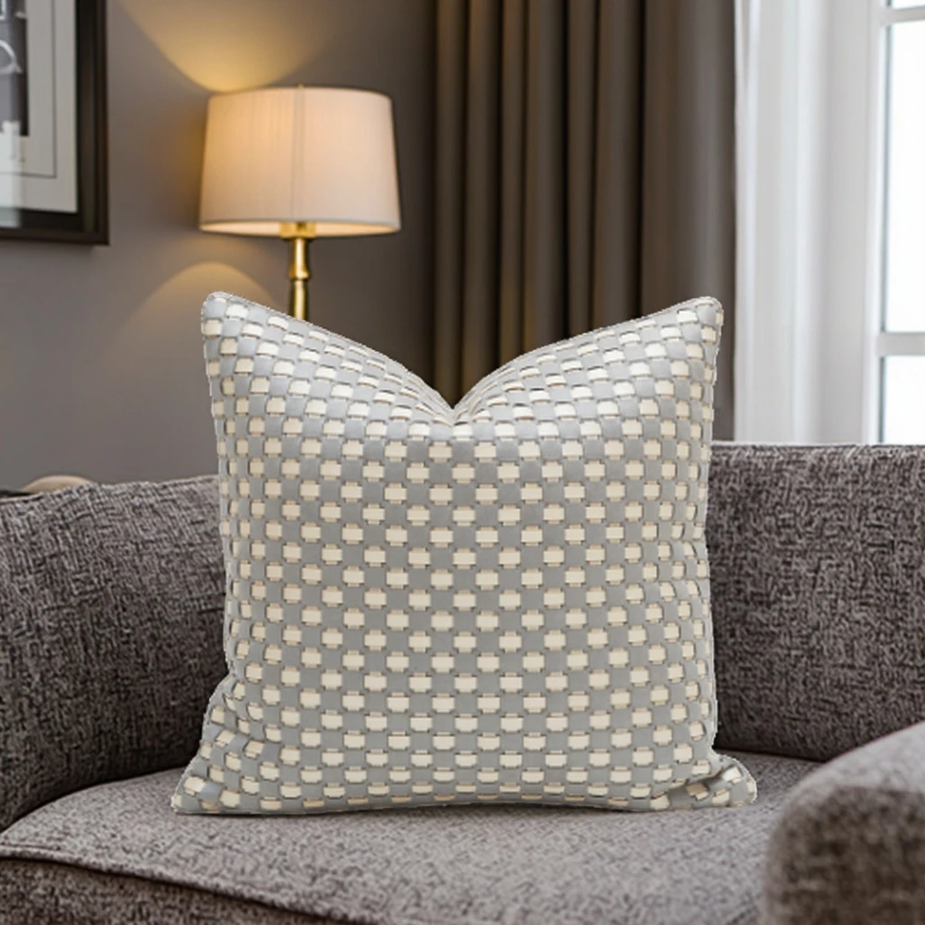 18x18 Inch Throw Pillow Cover, Luxury Geometric Dot Cushion Cover, Modern Handmade Weave Faux Leather Pillowcase for Living Room