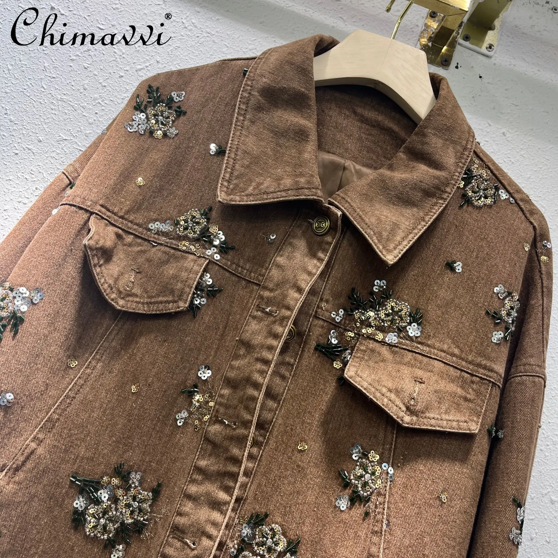 ヘビーシークインデニムジャケット レディース 2025年秋服 新作 ファッション ゆったり スリムフィット ヨーロッパ風 オールド 長袖コート トップス