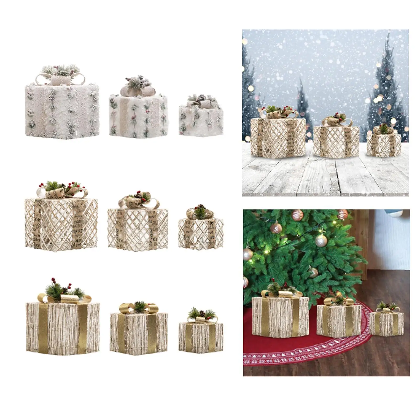 

3Pcs Christmas Light up Gift Box Ornament with Bowknot for Indoor Displays