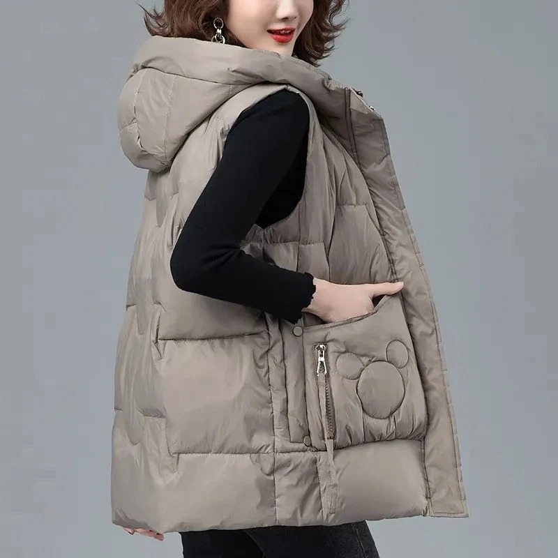 

2025 Autumn Winter New Down cotton Jacket For women Thick Hooded Sleeveless Coat Female Cotton Casual Zipper Waistcoat Jackets