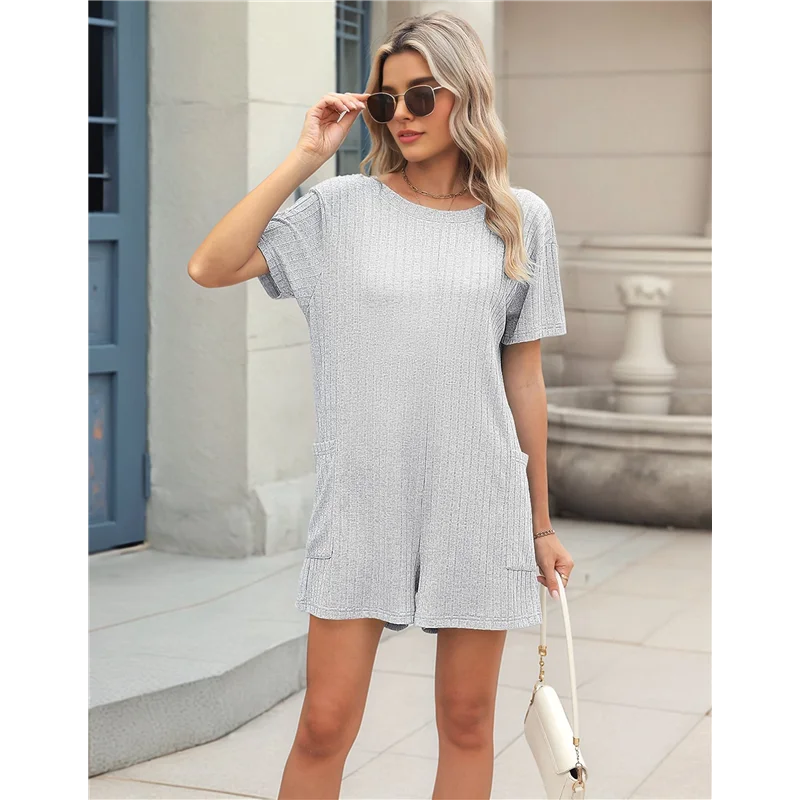 

AG-Womens Summer Short Sleeve Romper Loose Casual V Neck Shorts Overalls Ladies Dressy Comfy Jumpsuits With Pockets