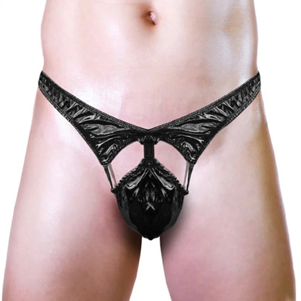 Sexy Mens Hollow Out Cock Pouch Thong Underwear Low Waist Panties T-Back Posing G-String Briefs Exposed Butt Faux Leather Thongs