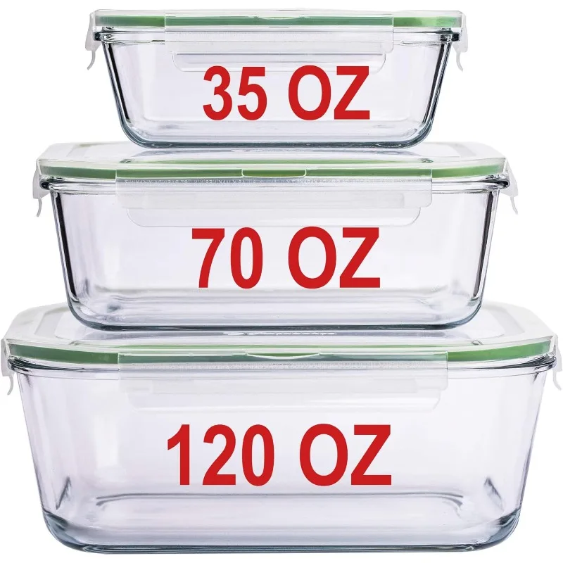 LARGE Glass Containers for Food Storage with Locking Lids Baking Dish Set 3 120 OZ/70 OZ/35 OZ Meal Storing Serving