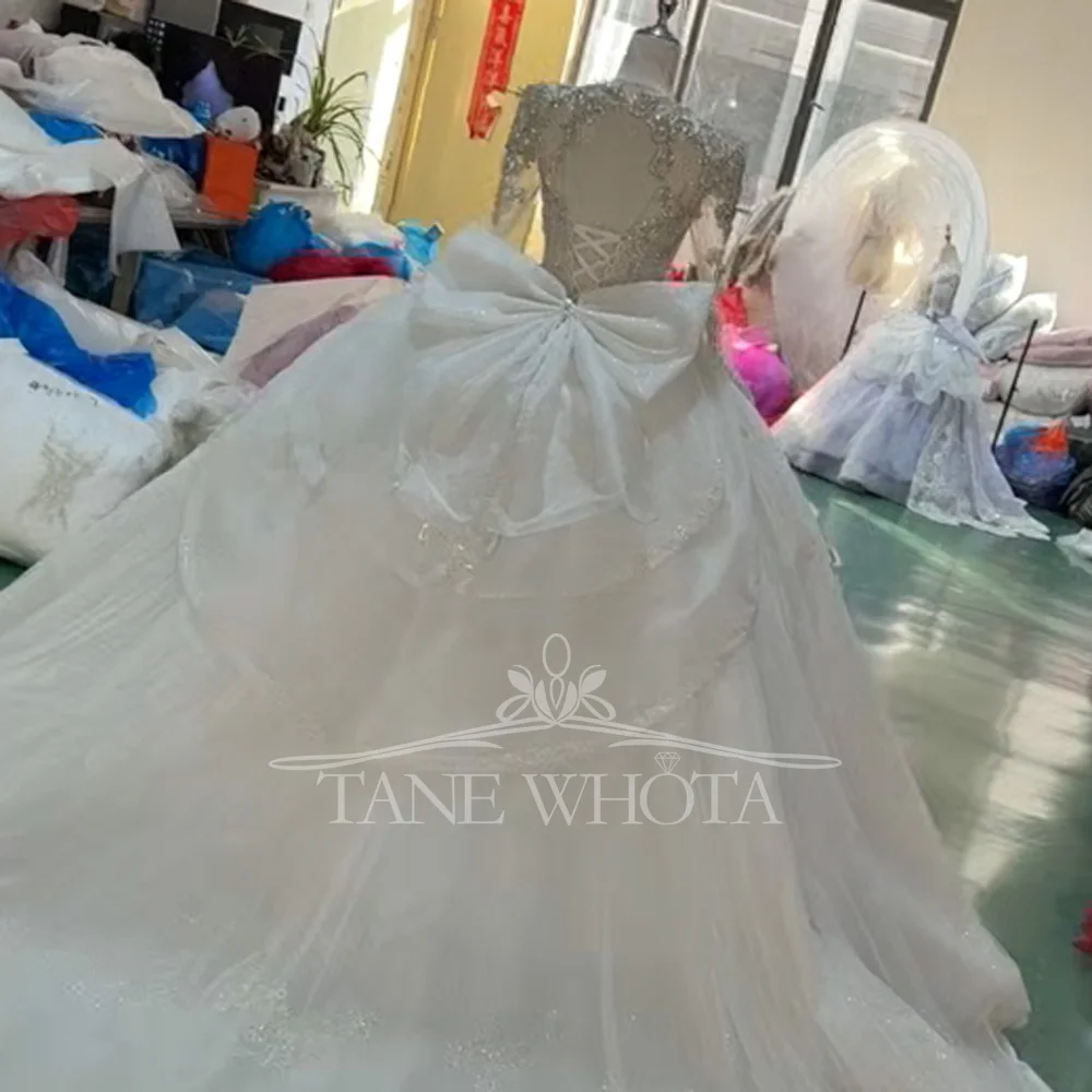 Women's O-Neck Wedding Dress With Long Sleeves Crystal Sequined Bow Lace-Up Keyhole Back Customized Ball Gown